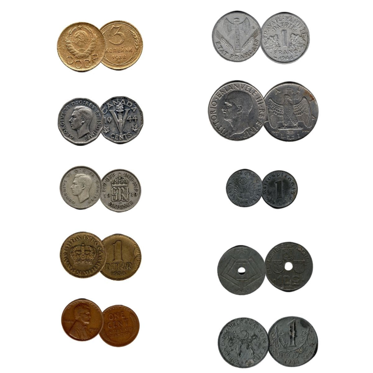 World War II D-Day Coin Collection - 10 Historical Coins in Display Box