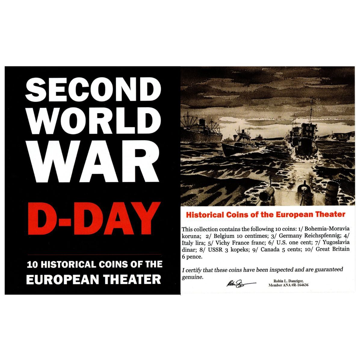 World War II D-Day Coin Collection - 10 Historical Coins in Display Box