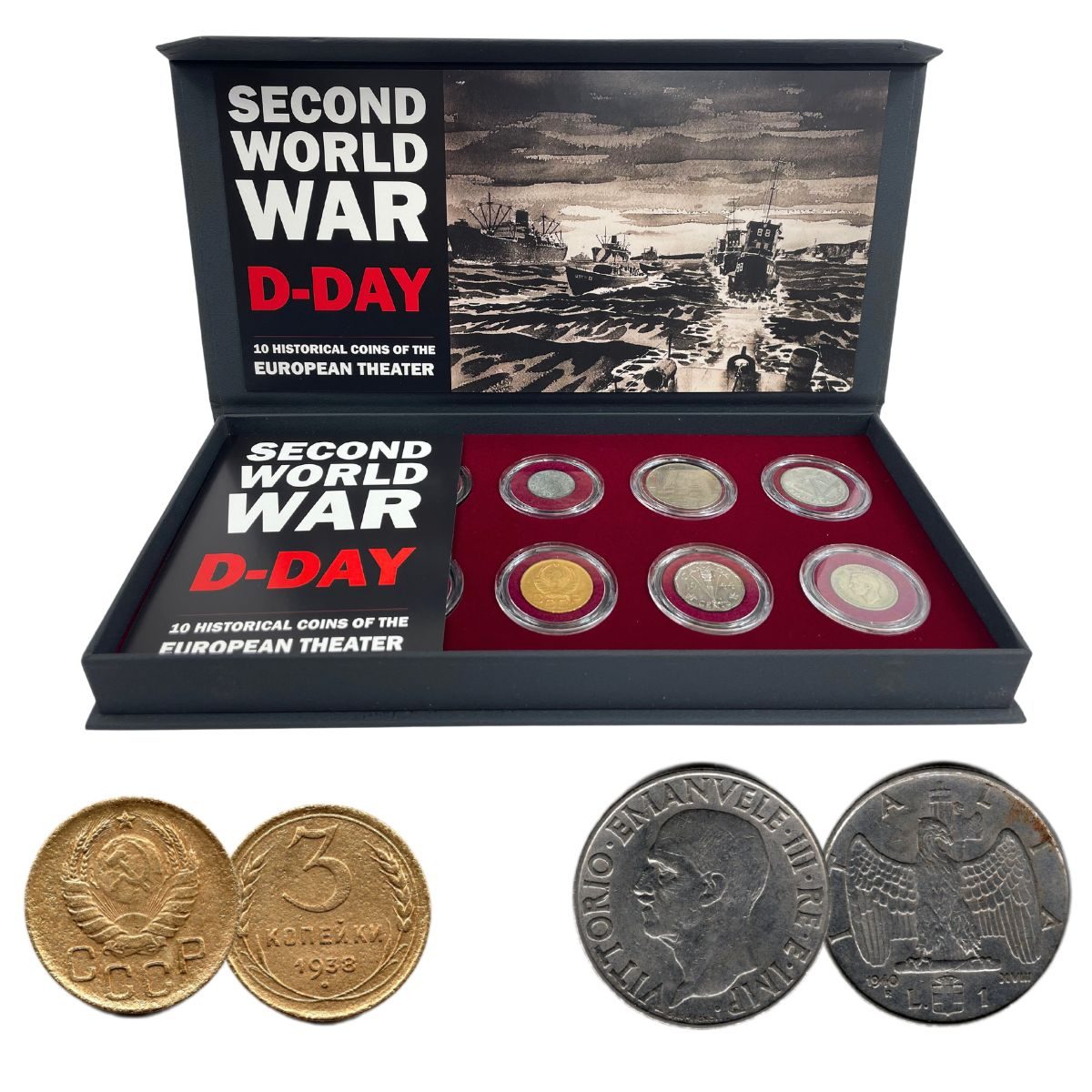 World War II D-Day Coin Collection - 10 Historical Coins in Display Box