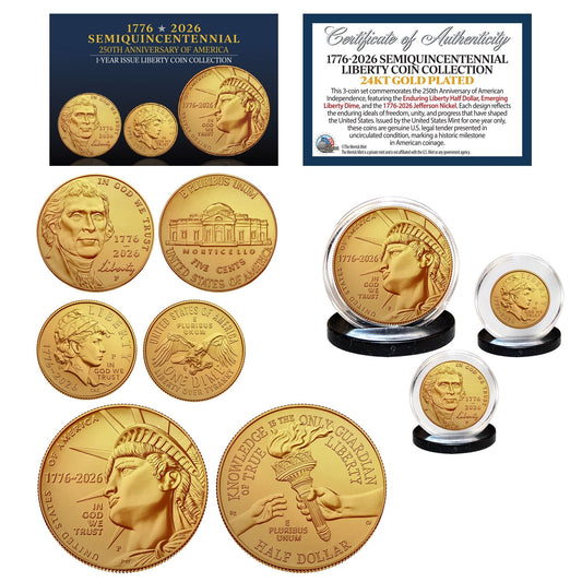 (P-MINT) 1776–2026 Semiquincentennial Liberty 3-Coin Set 24KT Gold Plated – USA 250th Collector's Edition
