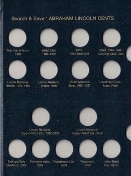 Whitman Search & Save Abraham Lincoln Cents album with 64 full-color pages, sliding plastic inserts, and classic Whitman blue album-style design.