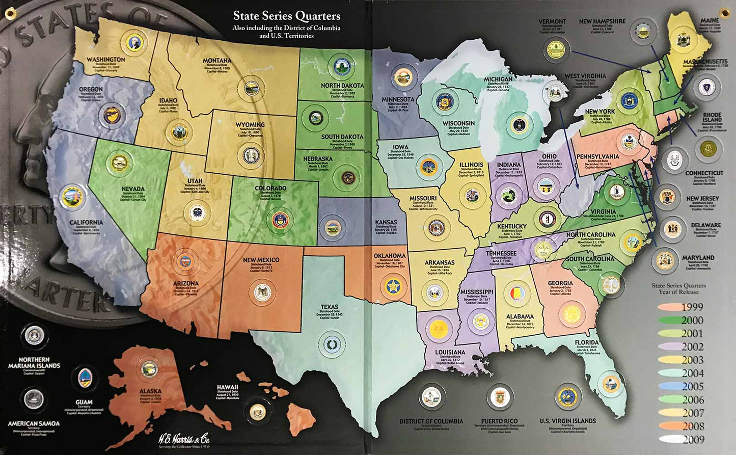 H.E. Harris State Quarter Map - 50 Statehood Quarters